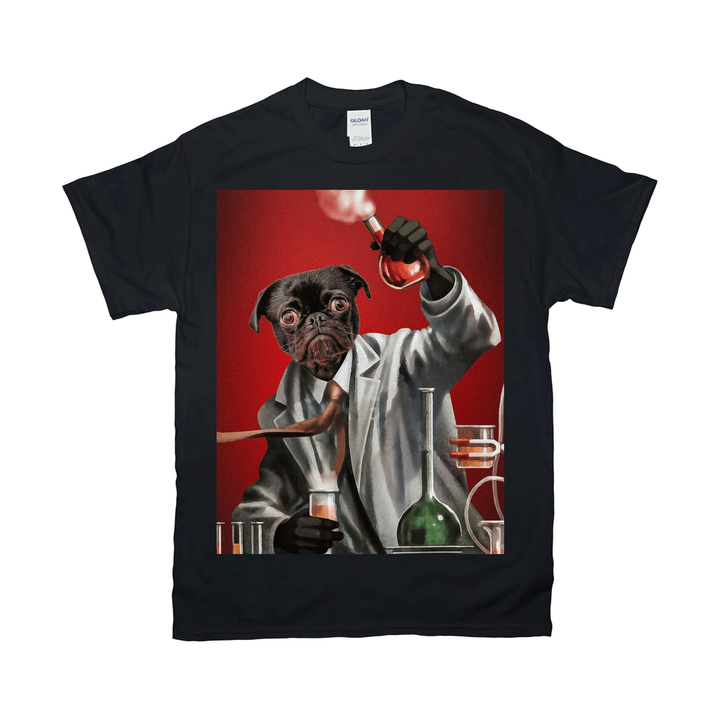 Black Gildan t-shirt with a "Mad Scientist" pug design holding a smoking test tube.