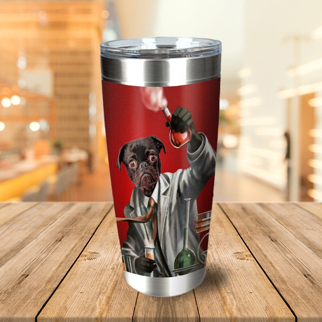 Personalized stainless steel tumbler with a black pug pet portrait as a mad scientist on a red background.