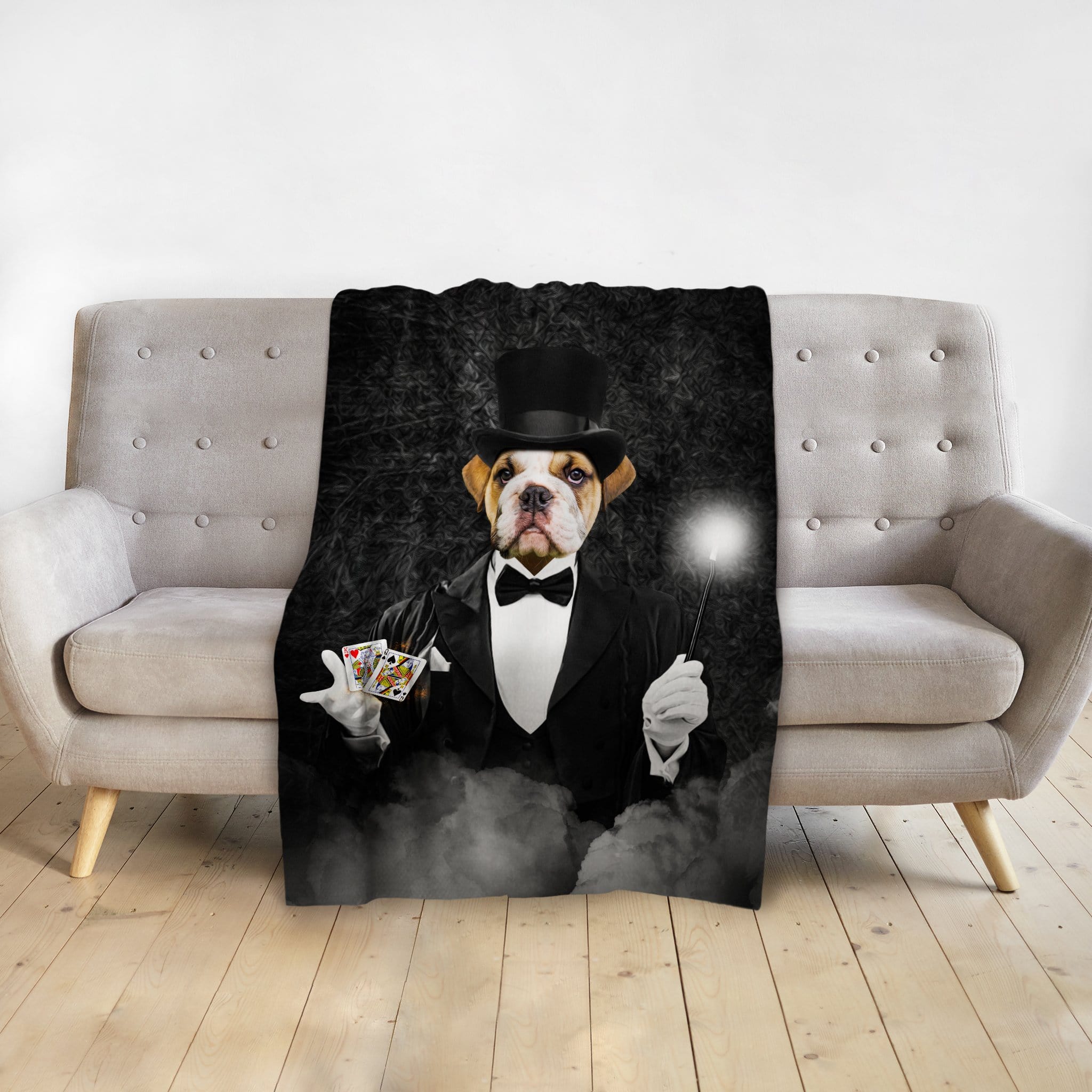 Personalized pet blanket with a bulldog in a magician's tuxedo holding cards and a wand.