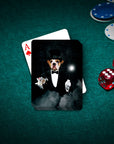 Personalized playing card featuring a dog in a magician's tuxedo and top hat, holding cards and a wand.