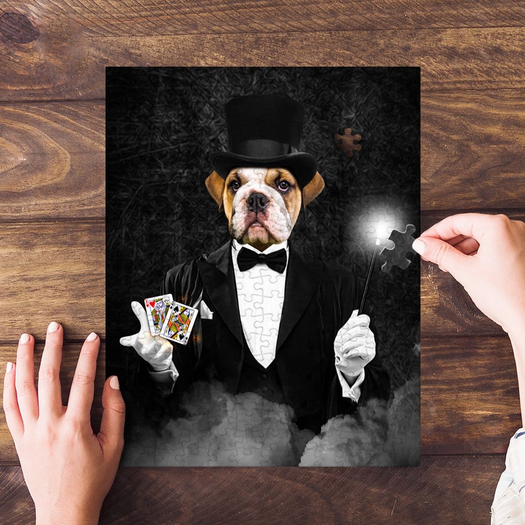 Personalized pet puzzle featuring a bulldog dressed as a magician, holding cards and a glowing wand.