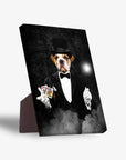 Personalized pet standing canvas featuring a bulldog in a black magician's tuxedo, top hat, holding cards and a wand.