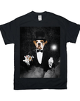 Black Gildan t-shirt with a bulldog magician wearing a top hat, tuxedo, holding cards and a glowing wand.