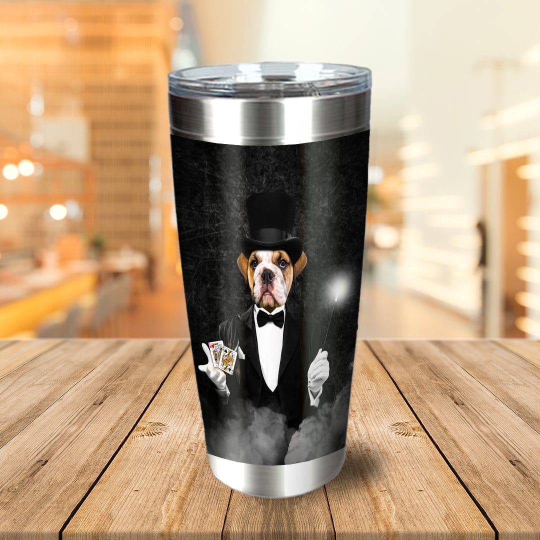 Personalized stainless steel tumbler with a custom bulldog pet portrait as "The Magician" in a black suit.