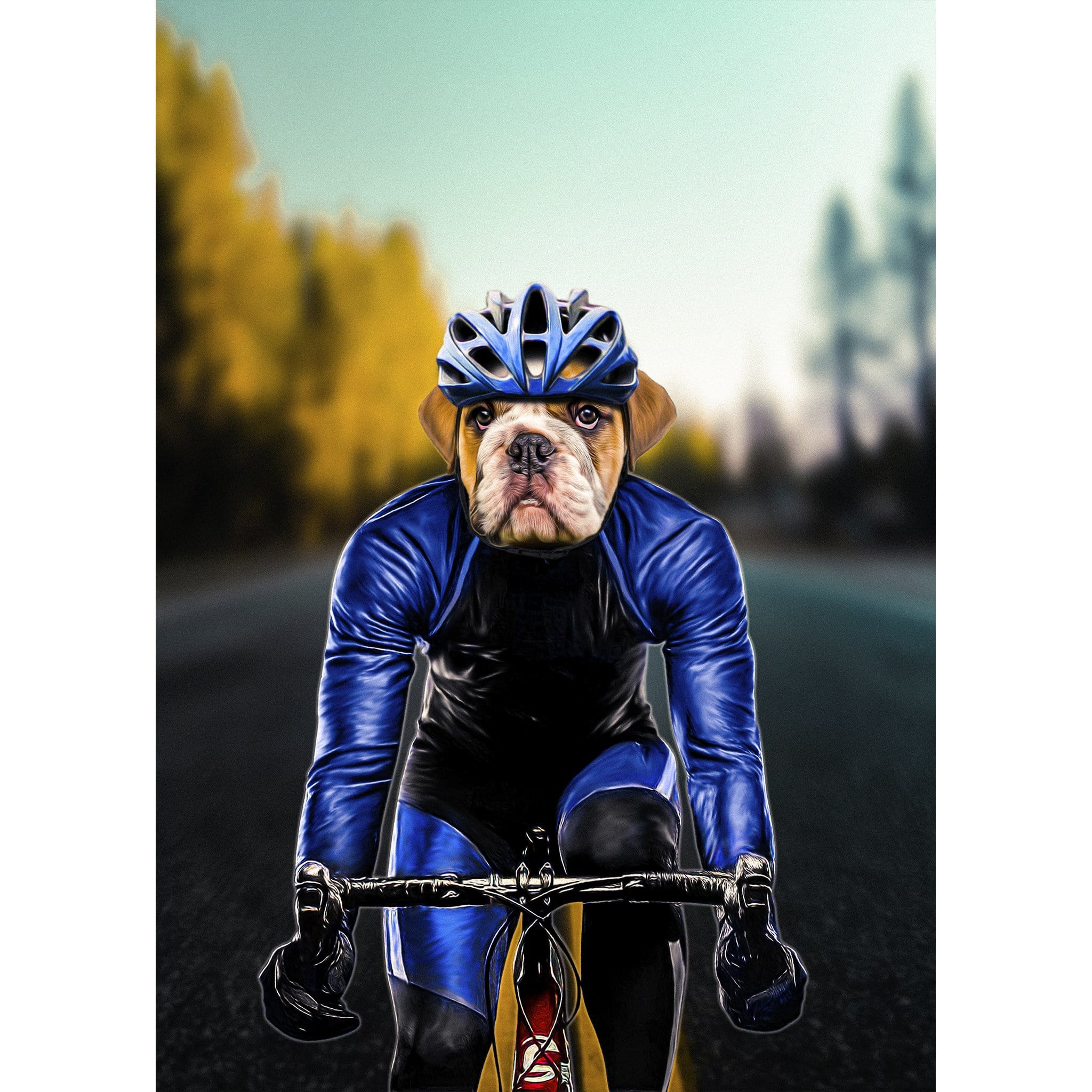 Personalized digital portrait of a bulldog in a blue cycling outfit and helmet on a road.