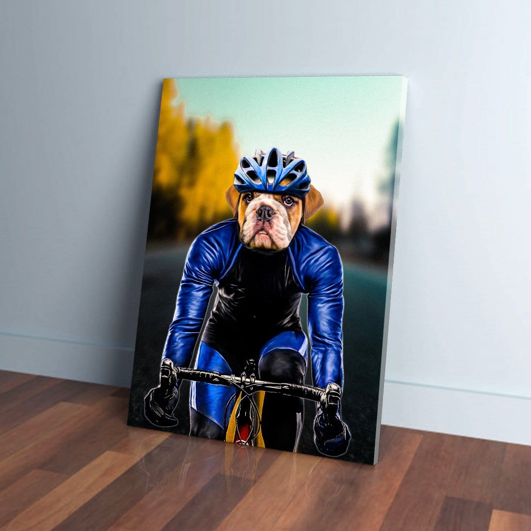 Personalized pet canvas featuring a bulldog in a blue cycling helmet and suit on a bike.