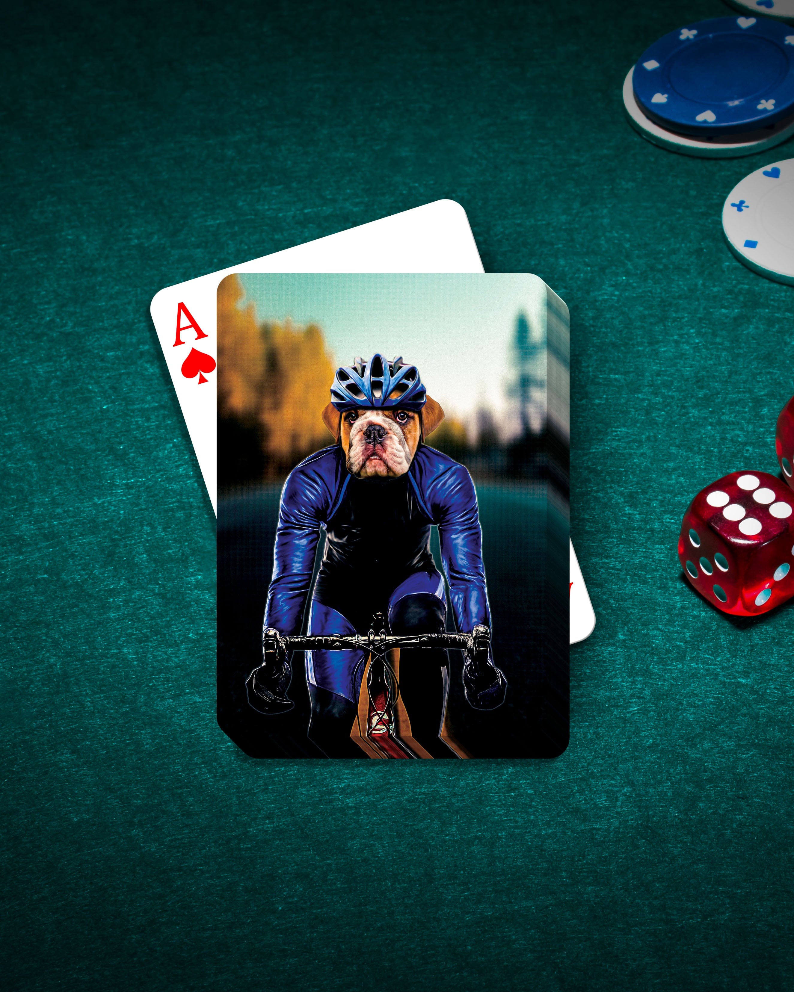 Personalized playing cards featuring a bulldog's head on a male cyclist's body, with poker chips and dice.