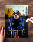 Personalized pet puzzle featuring a bulldog's head on a male cyclist's body, blue uniform, on a wooden table.