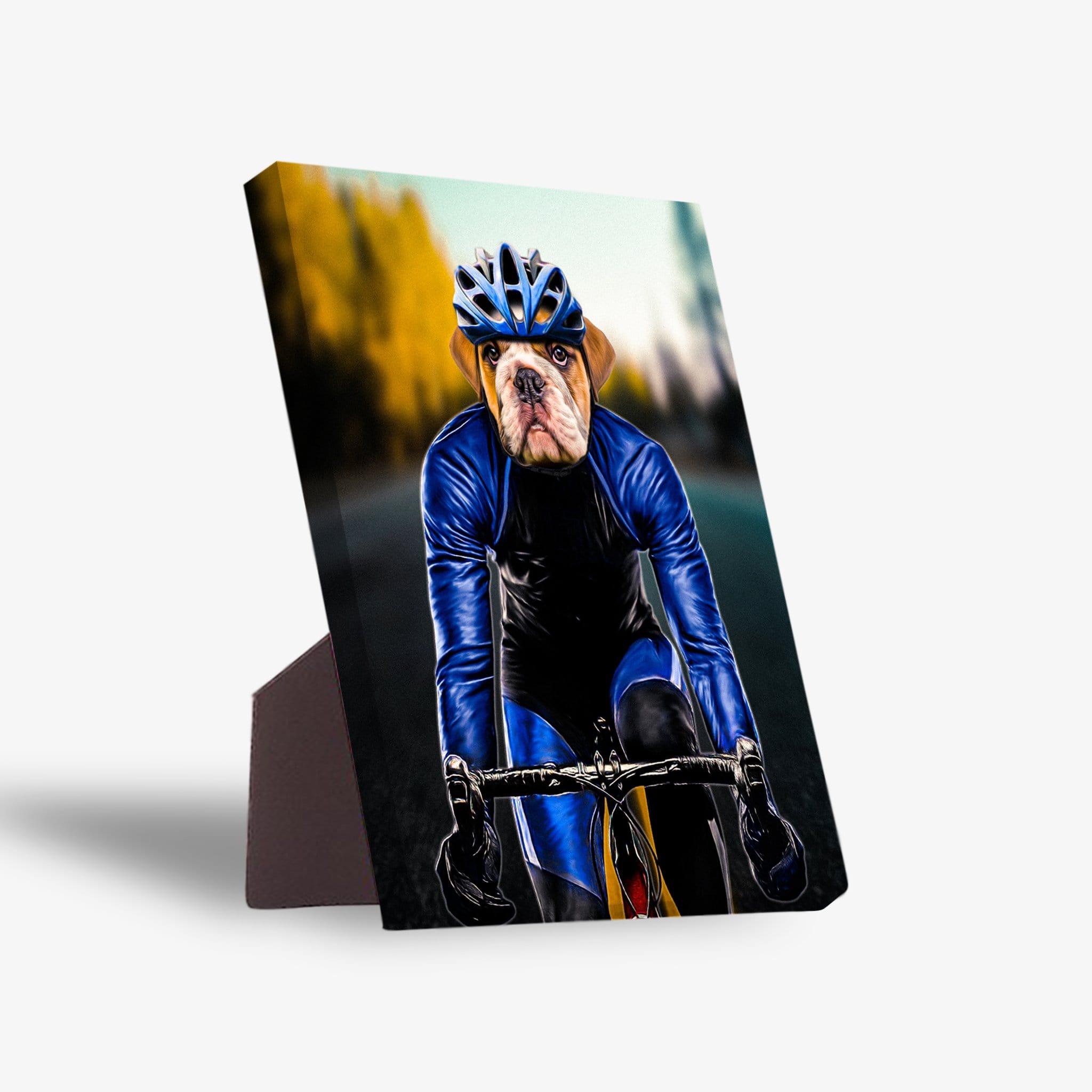 Personalized pet bulldog cyclist canvas with blue helmet and suit, standing on a white background.