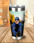 Personalized stainless steel tumbler with a bulldog pet portrait as a male cyclist in a blue uniform.