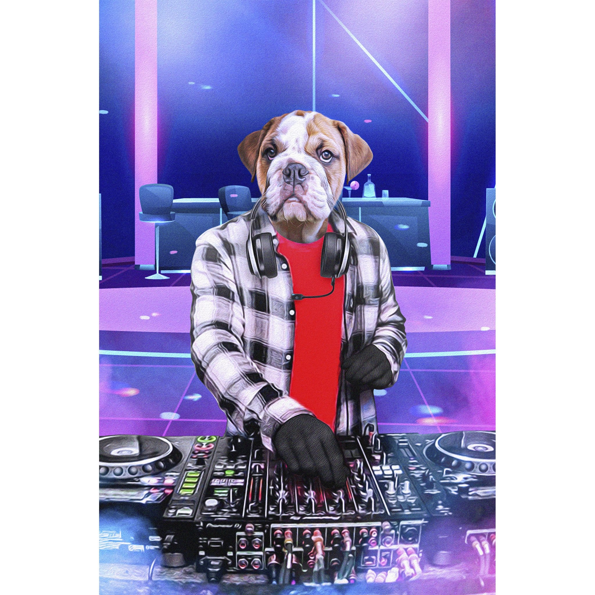 Personalized digital portrait of a bulldog as a male DJ in a plaid shirt and headphones.