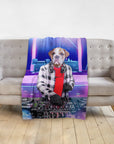 Personalized pet blanket with a bulldog DJ portrait design, draped over a light gray sofa.