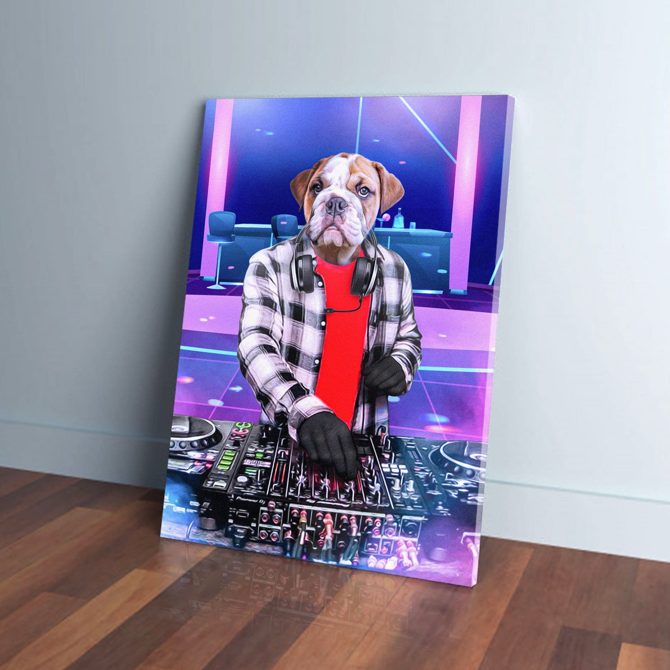 Personalized pet canvas featuring a bulldog DJ in a plaid shirt, red tee, and headphones, mixing on a deck.