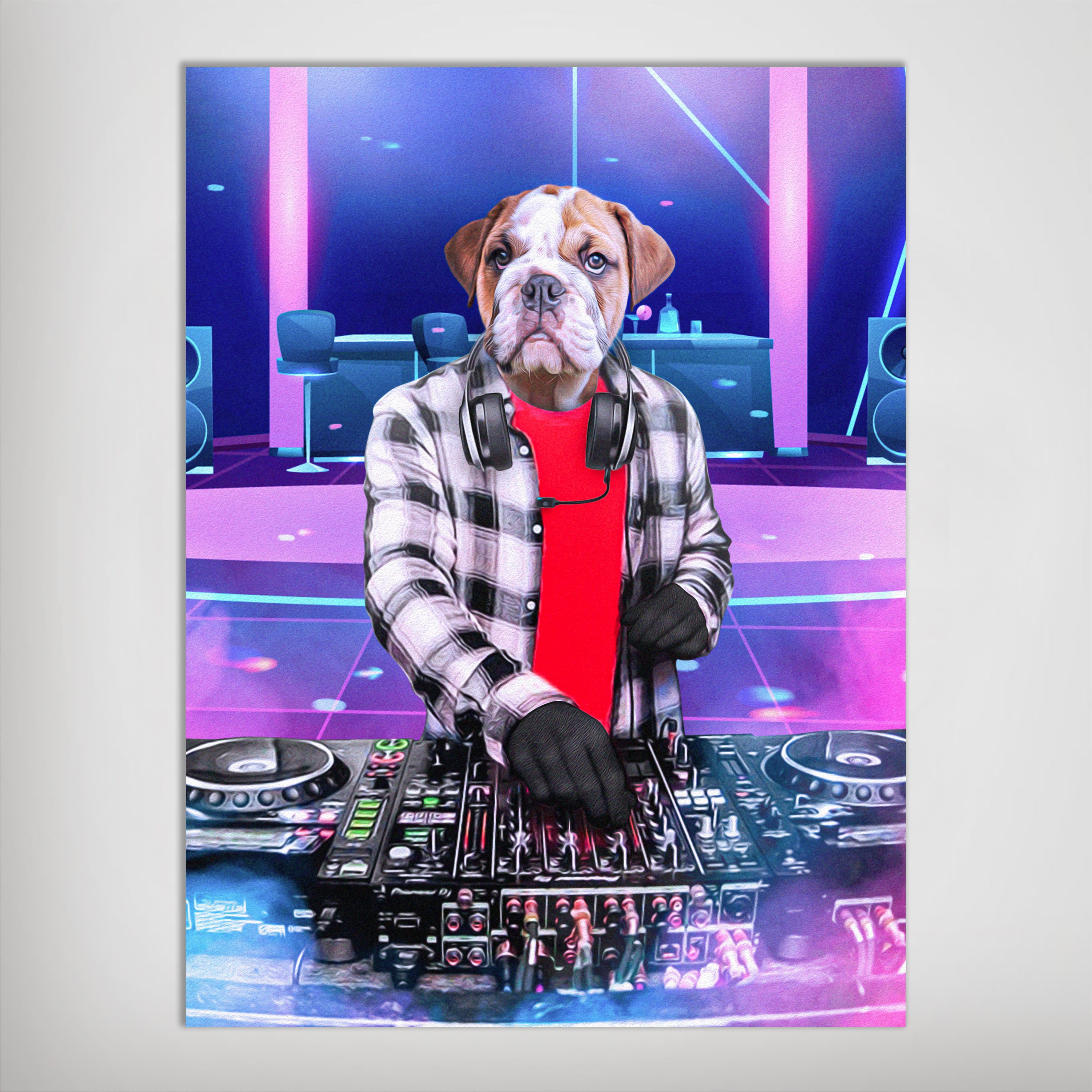 Personalized bulldog DJ poster with headphones, plaid shirt, and red tee, mixing on turntables in a neon club.
