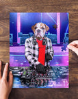Personalized pet puzzle featuring a bulldog's head on a male DJ's body in a vibrant club scene.