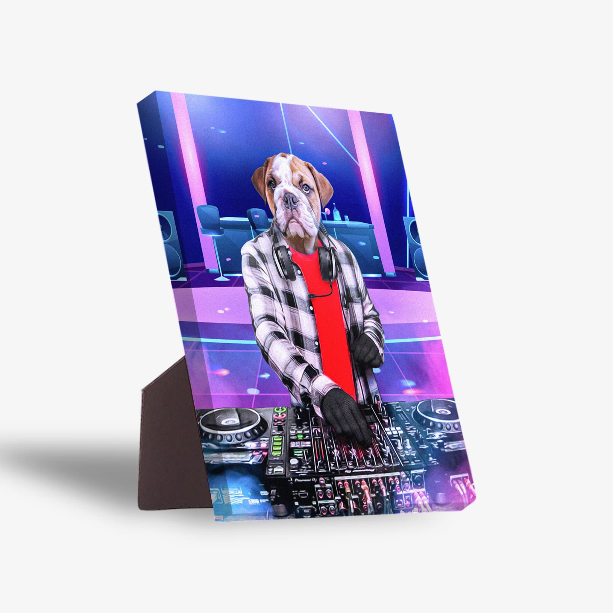 Personalized pet bulldog DJ standing canvas in a plaid shirt and red tee, with a sturdy back stand.