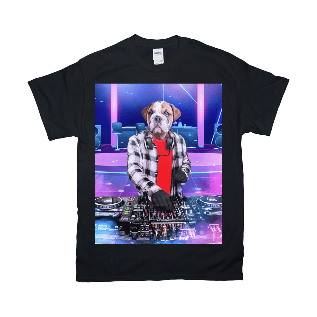 Black Gildan t-shirt with a bulldog DJ wearing headphones, plaid shirt, and red tee, mixing music.
