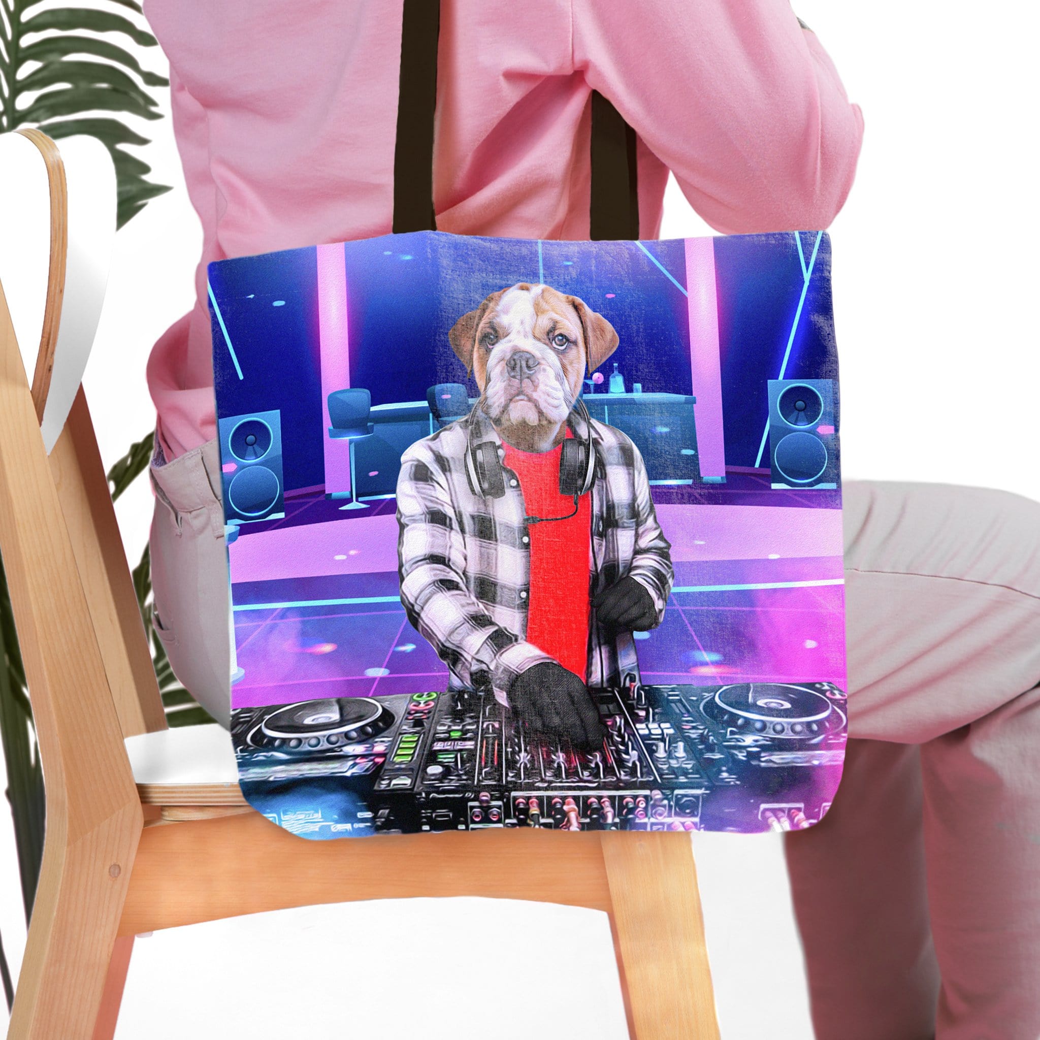 Personalized tote bag with a bulldog pet portrait as a DJ in a neon club.