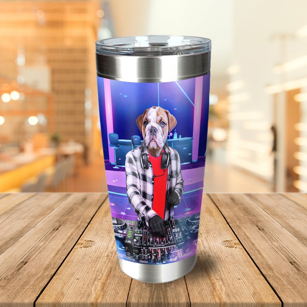 Personalized stainless steel tumbler with a bulldog DJ pet portrait on a vibrant purple background.