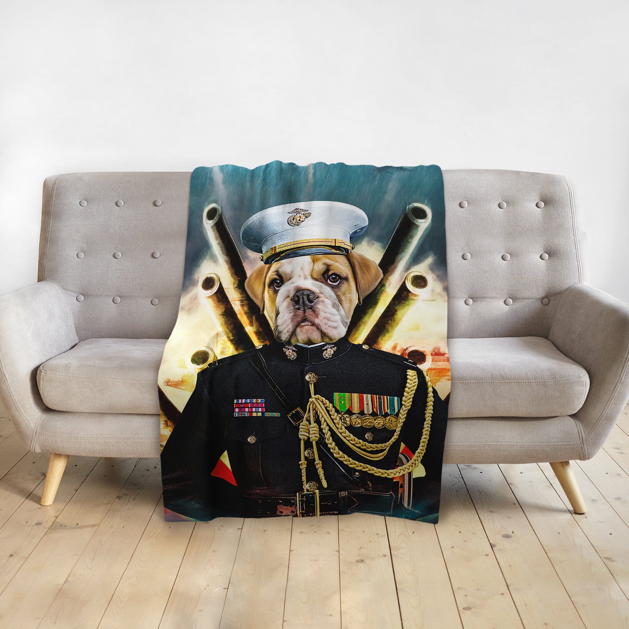 Personalized pet blanket with a bulldog in a Marine uniform portrait.