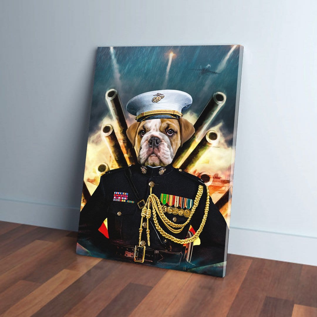 Personalized 'The Marine' pet canvas featuring a bulldog in a navy uniform with medals, gold braids, and a white hat.