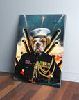 Personalized 'The Marine' pet canvas featuring a bulldog in a navy uniform with medals, gold braids, and a white hat.