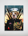Personalized pet poster featuring a bulldog in a blue Marine uniform with gold accents, set against a fiery backdrop.