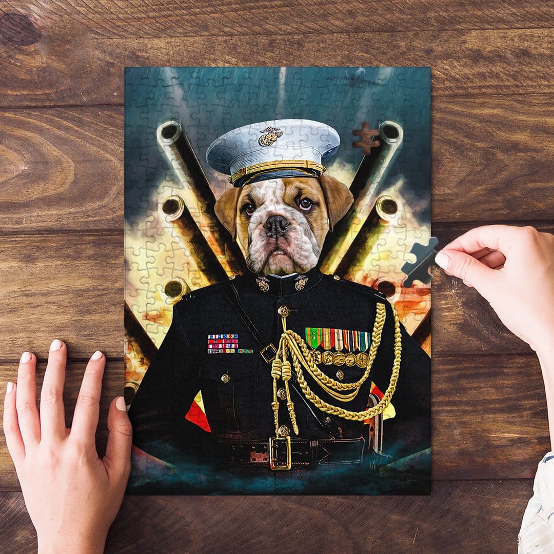 Personalized pet puzzle featuring a bulldog in a Marine uniform, on a wooden table.