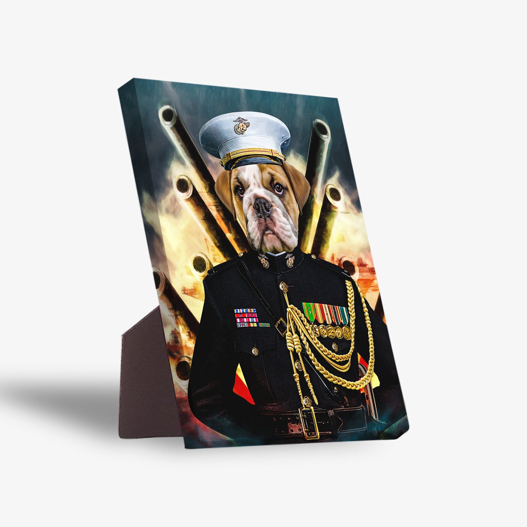 Personalized pet standing canvas featuring a bulldog in a Marine uniform with medals and gold chains, against a fiery background.