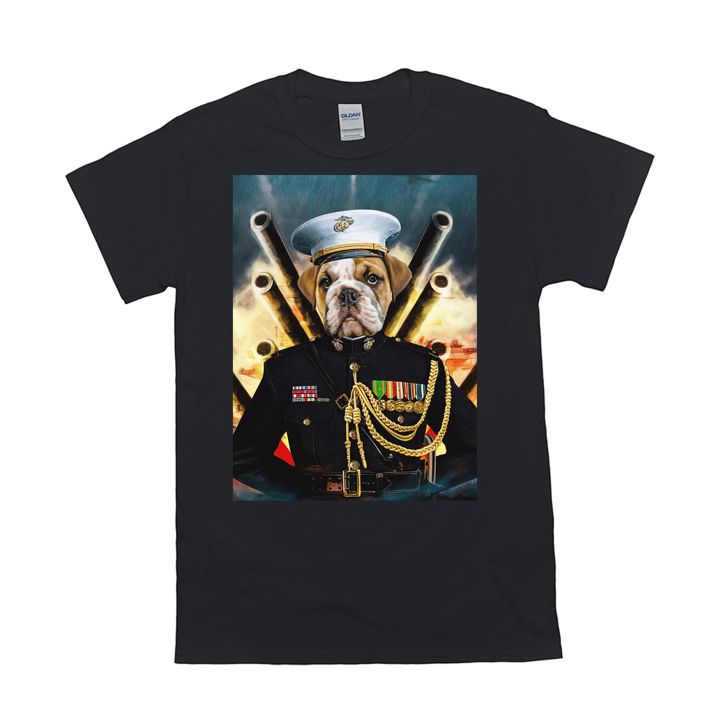 Black Gildan unisex t-shirt featuring a bulldog in a Marine uniform with medals and gold chains.