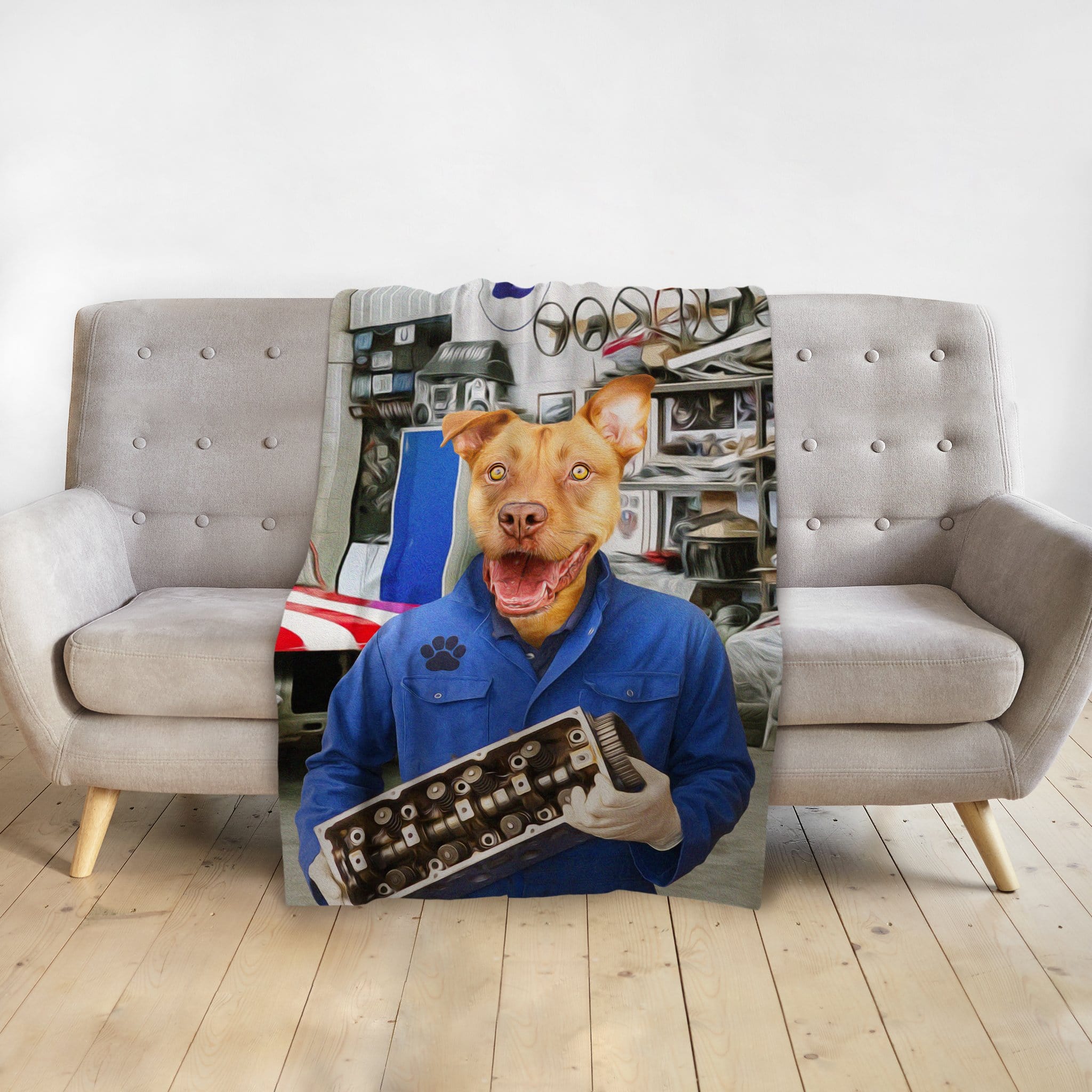 Personalized pet blanket featuring a dog's head on a mechanic's body holding an engine part.