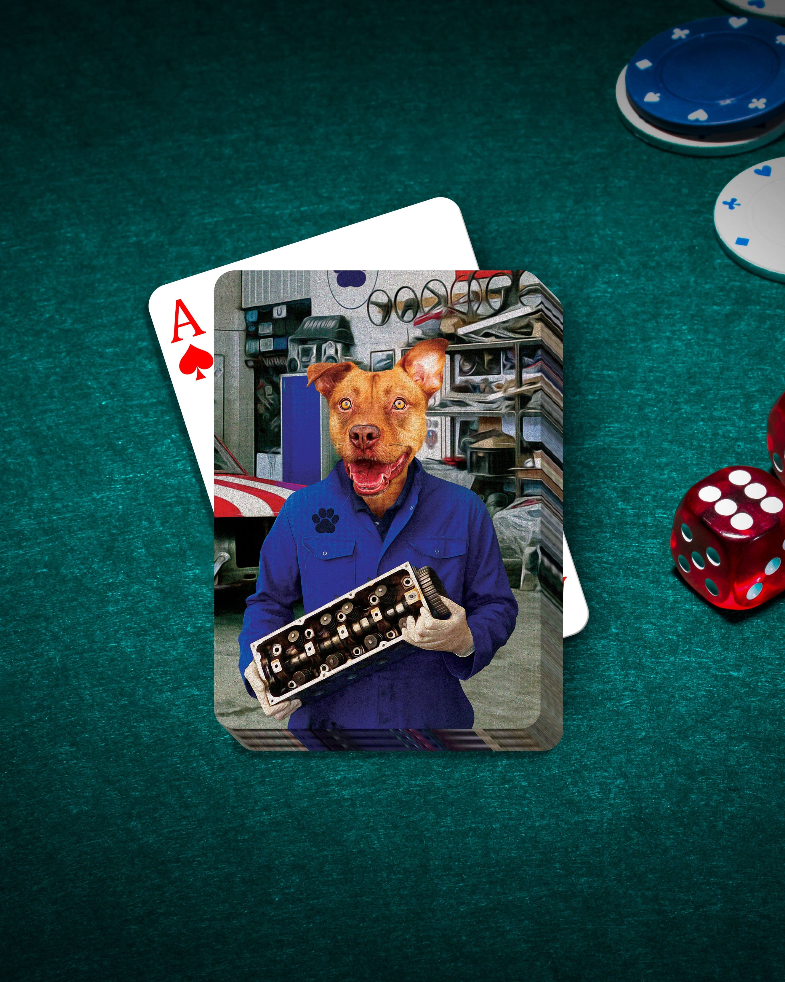 Personalized playing card featuring a dog in a mechanic's uniform holding an engine part, on a green felt table with poker chips and dice.
