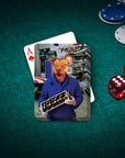Personalized playing card featuring a dog in a mechanic's uniform holding an engine part, on a green felt table with poker chips and dice.