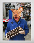 Personalized 'The Mechanic' pet poster featuring a brown dog's head on a body in blue overalls holding an engine part.