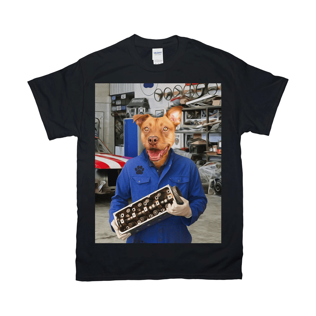 Black Gildan t-shirt featuring a personalized pet portrait of a dog mechanic holding an engine part.