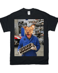 Black Gildan t-shirt featuring a personalized pet portrait of a dog mechanic holding an engine part.