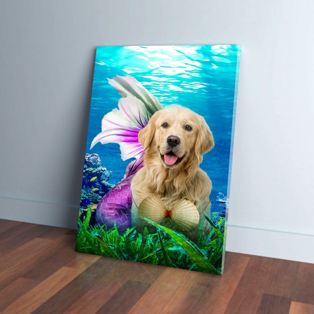 Golden Retriever dog as a mermaid on a personalized canvas, underwater scene with coral and blue water.