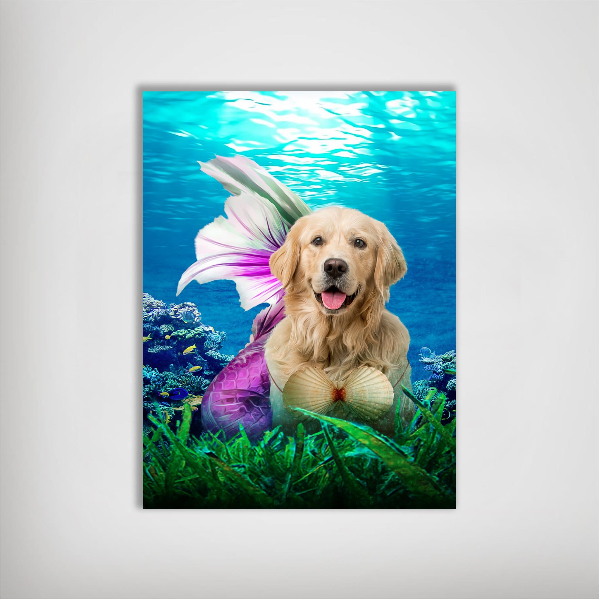 Personalized "The Mermaid" pet poster featuring a golden retriever dog with a purple mermaid tail and seashell top, underwater.