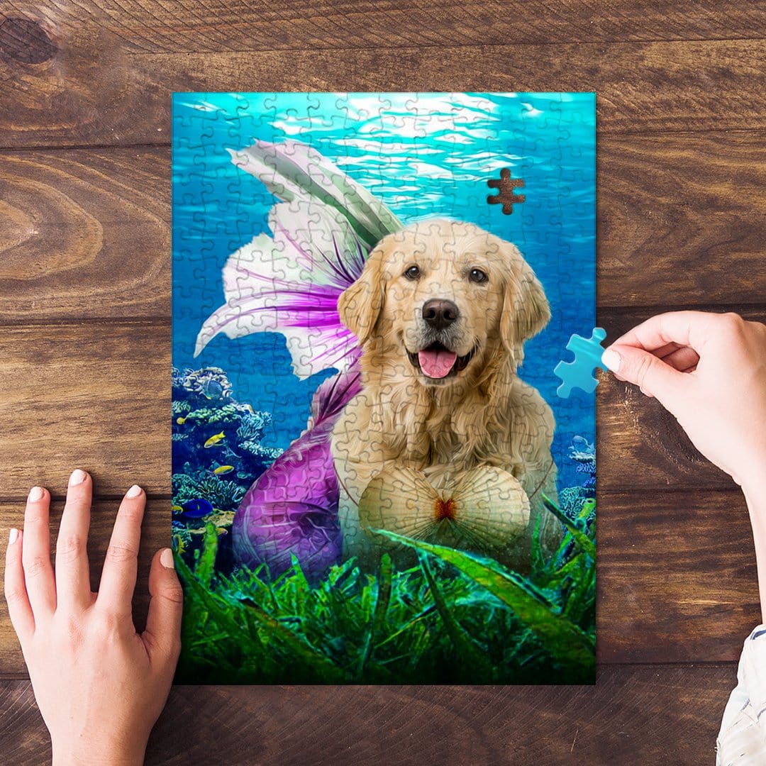 Personalized 'Mermaid' pet puzzle featuring a golden retriever as a mermaid in an underwater scene.