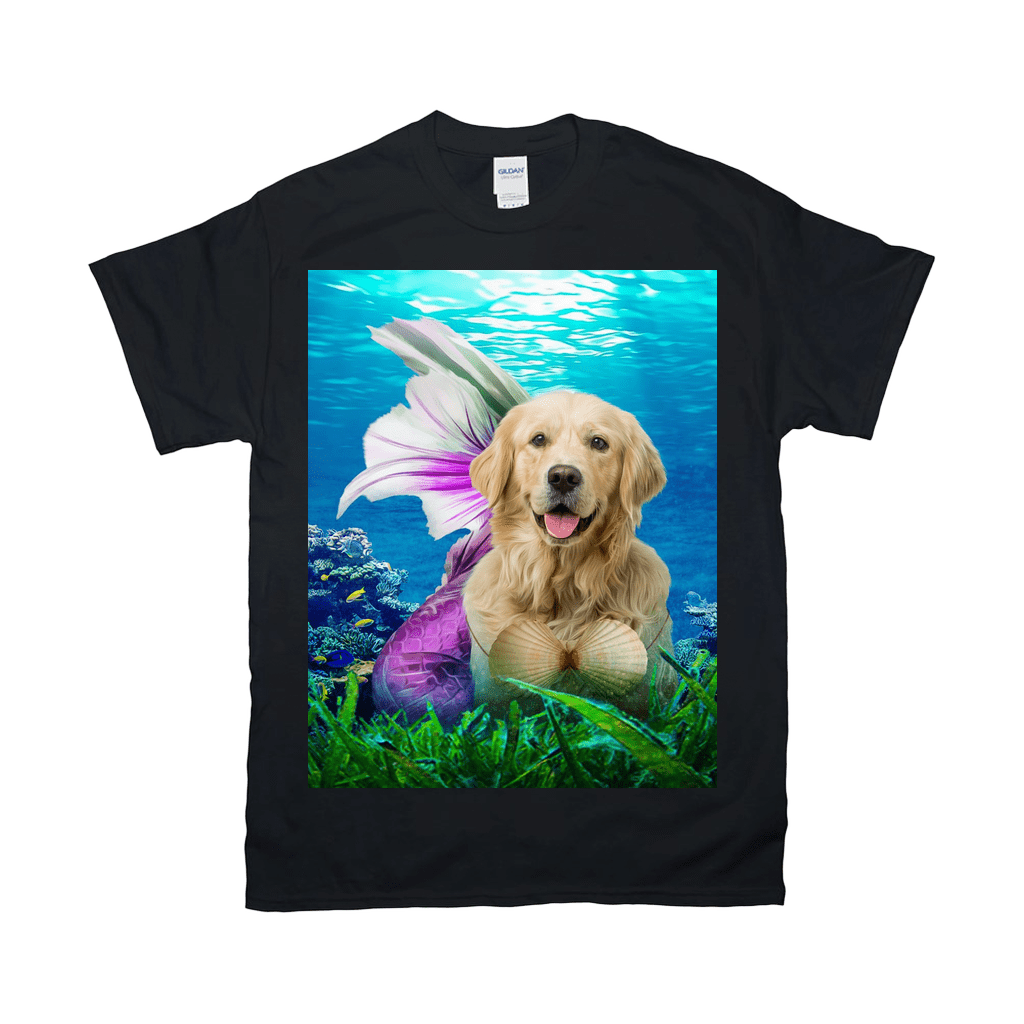 Black Gildan t-shirt featuring a golden retriever dog as a mermaid underwater with purple tail and seashell top.