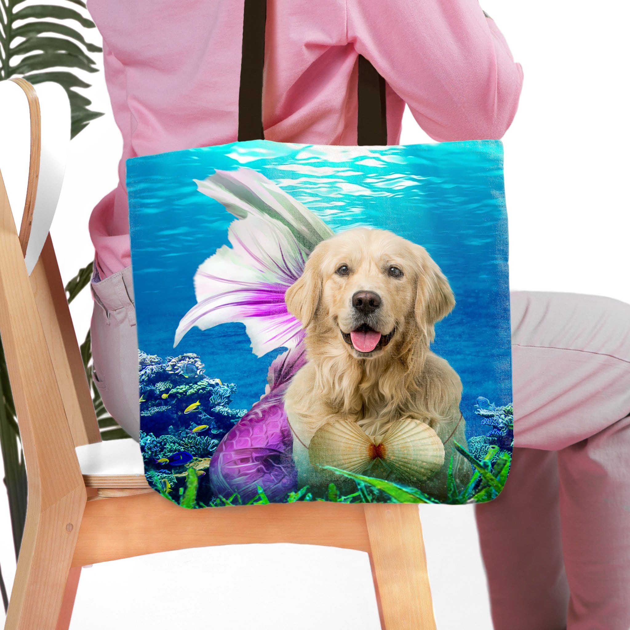Personalized tote bag with a golden retriever pet portrait as a mermaid underwater.