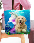 Personalized tote bag with a golden retriever pet portrait as a mermaid underwater.