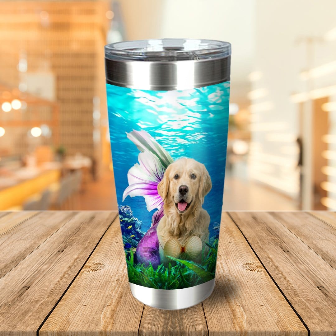 Personalized stainless steel tumbler with a golden retriever dog as a mermaid in an underwater scene.