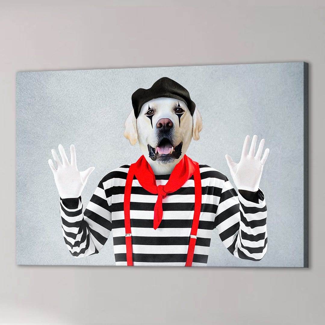 Personalized pet canvas featuring a dog dressed as a mime in a black and white striped shirt.