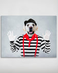 Personalized pet poster featuring a golden retriever's head on a mime's body with a black beret, red scarf, striped shirt, and white gloves.