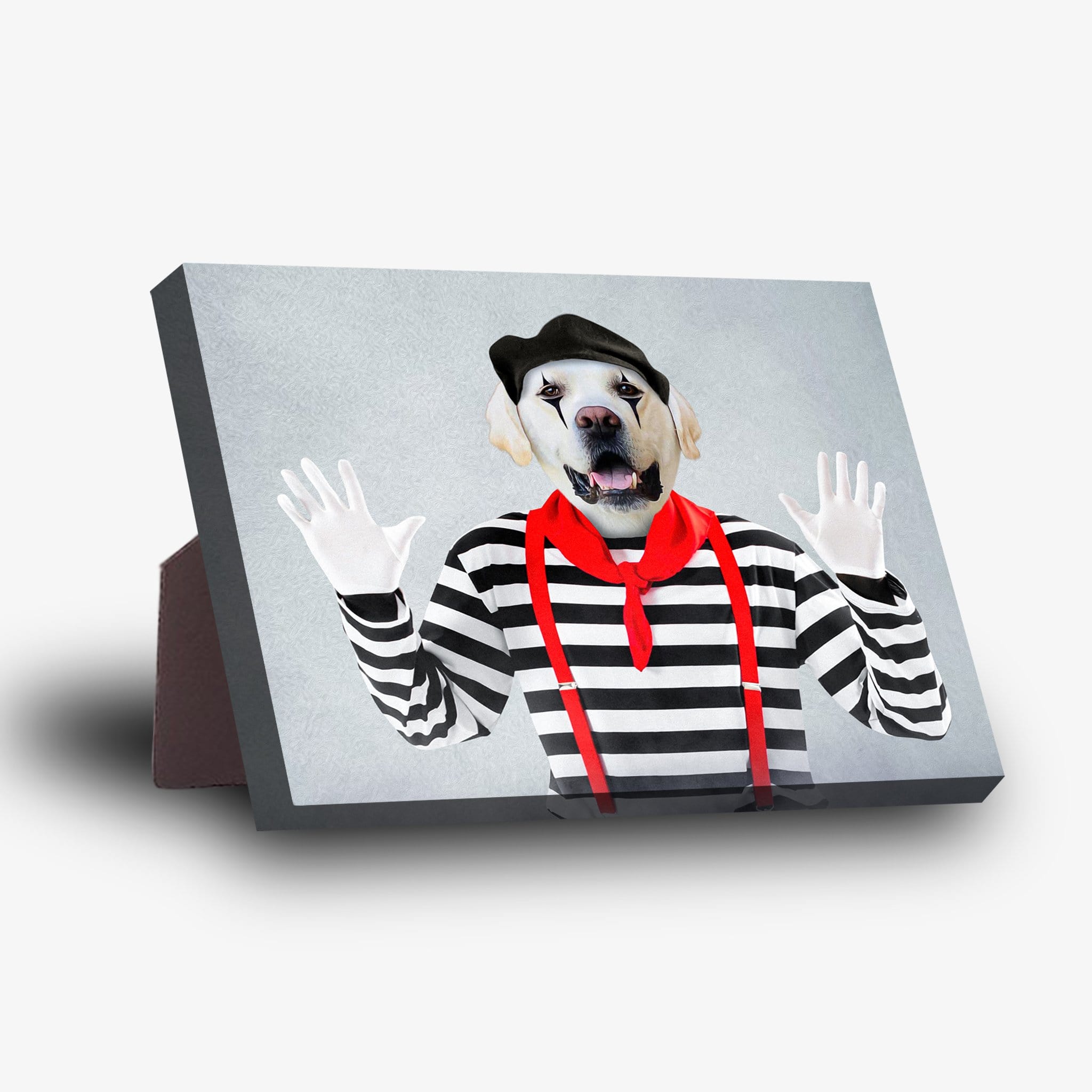 Personalized pet standing canvas featuring a golden retriever in a mime costume with a black beret, striped shirt, and red suspenders.