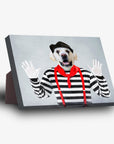 Personalized pet standing canvas featuring a golden retriever in a mime costume with a black beret, striped shirt, and red suspenders.