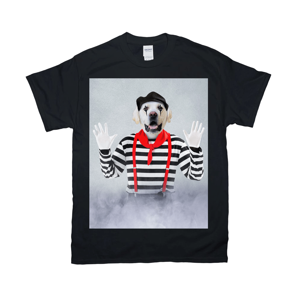 Black Gildan t-shirt featuring a white dog dressed as a mime with a beret, striped shirt, and red suspenders.