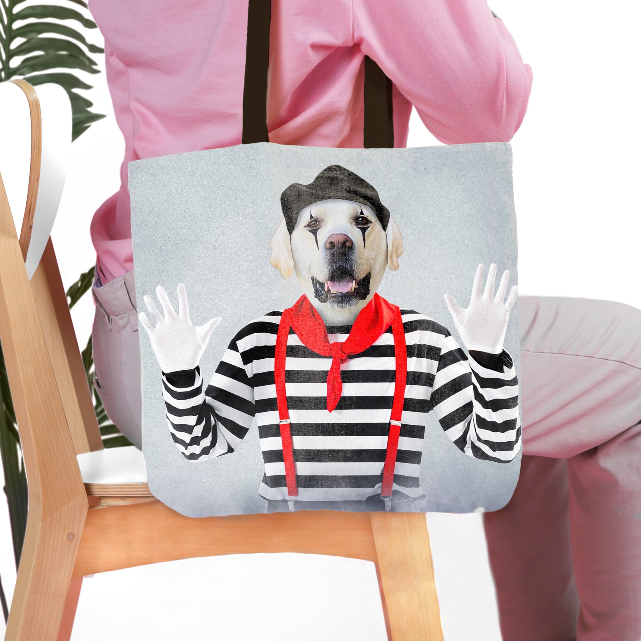 Personalized tote bag with a custom dog portrait in a mime costume.
