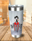 Personalized stainless steel tumbler with a custom cartoon portrait of a dog dressed as a mime.